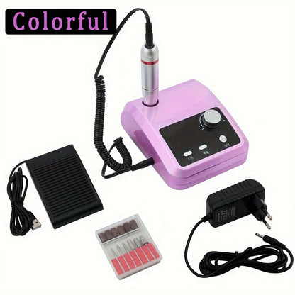 High-speed electric nail drill for professional manicures and pedicures, includes HD display and accessories for polishing and cuticle removal.