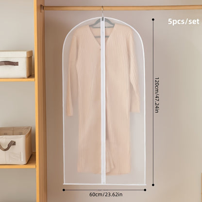 5 transparent garment dust covers for hanging clothes protection, washable and moisture-proof. Ideal for suits, dresses, and more. Visible storage solution for wardrobe organization.