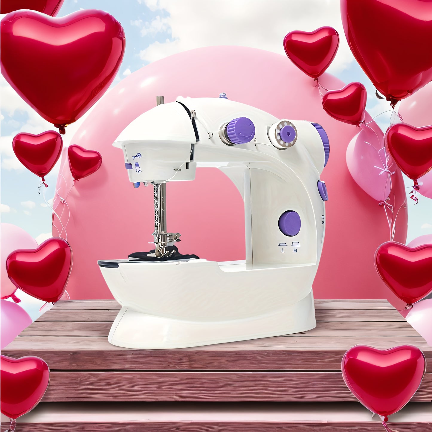 MOOYE Mini Electric Sewing Machine in White with Purple Accents, European Voltage. Includes Accessories and Beginner Crafting Tool. Perfect for Home Use.