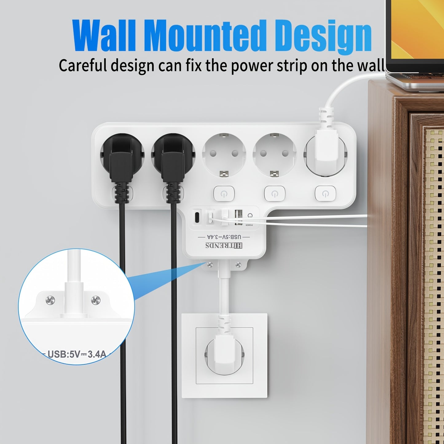 9in1 Power Strip with 5 AC Outlets, 4 USB Ports (2 TYPE-C), Independent Switch, Wall Mount for Home and Office.