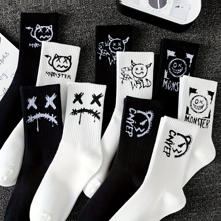 5 pairs of big size couple socks with funny faces, men's fun and cute compression socks made of polyester and spandex, machine washable, featuring geometric patterns in knitted fabric.