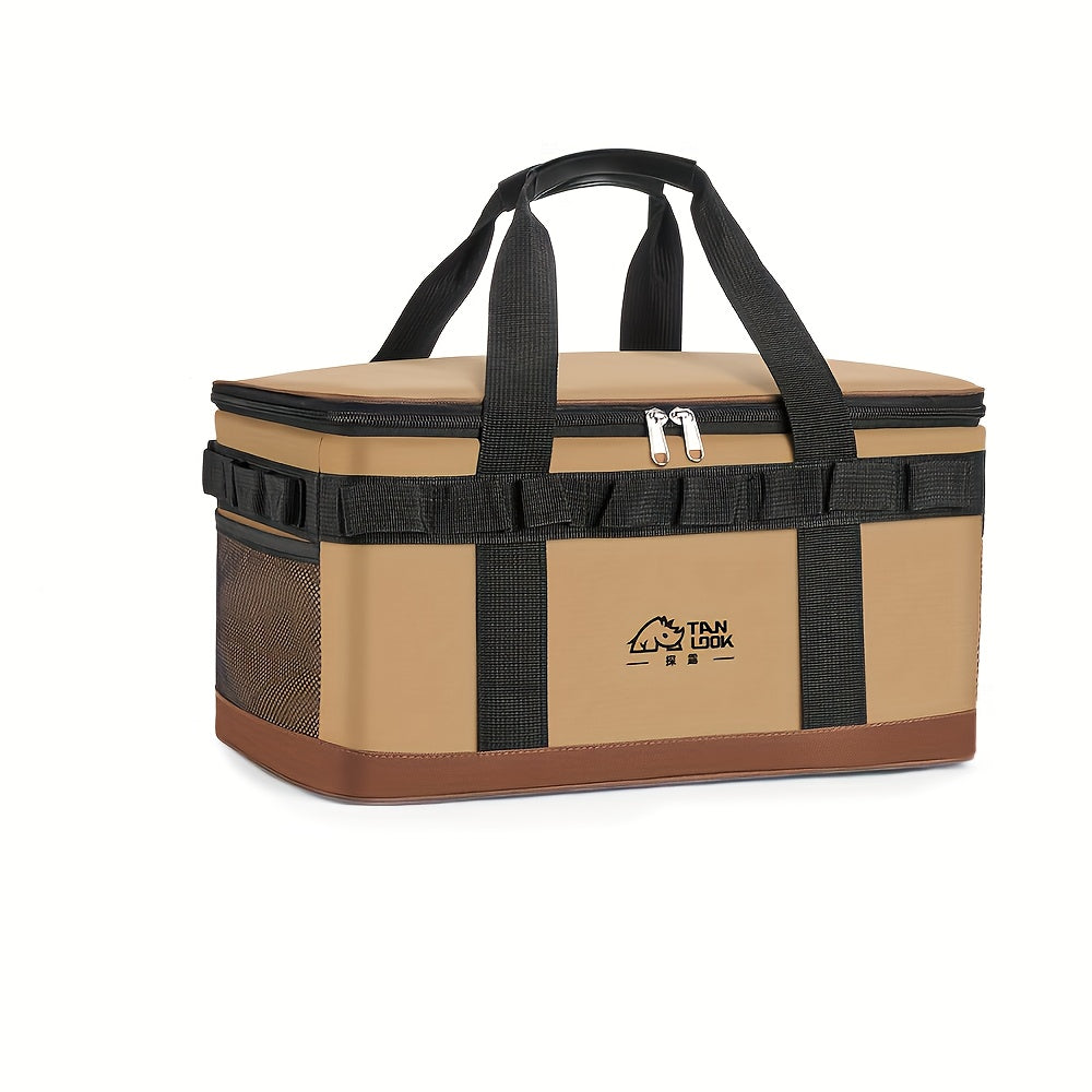 Large capacity polyester cooler bag with dual color options, carry handles, and carabiner hook for outdoor activities.