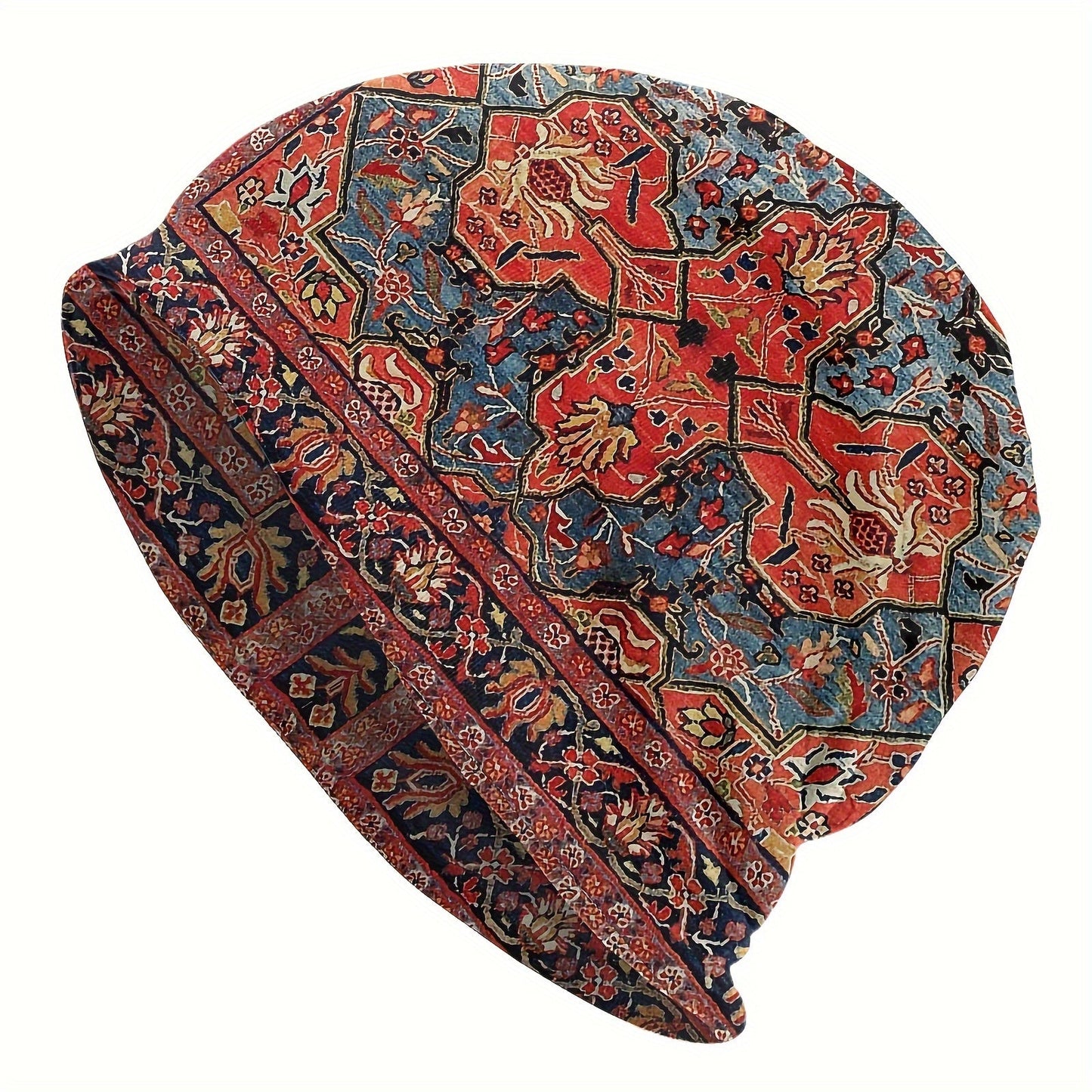 Beanie Inspired by Antique Tabriz Persian Rug, Boho-Chic Style - Soft, Stretchy Skull Cap for Men & Women, Machine Washable with Floral Print