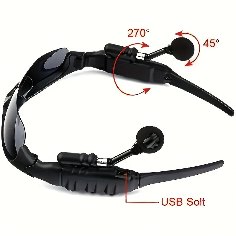 Wireless Glasses with headset, mic, and USB charging for outdoor activities.