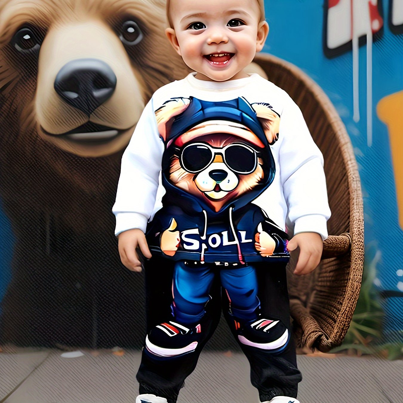 Newborn boy's trendy sweatshirt and pants set with hooded bear print, ideal for fall and winter.