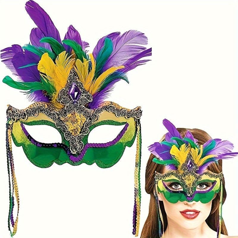 1 piece of Mardi Gras Mask with Feathers for Women, perfect for Masquerade parties, Halloween, Mardi Gras, Cosplay costumes, and Venetian themed events.