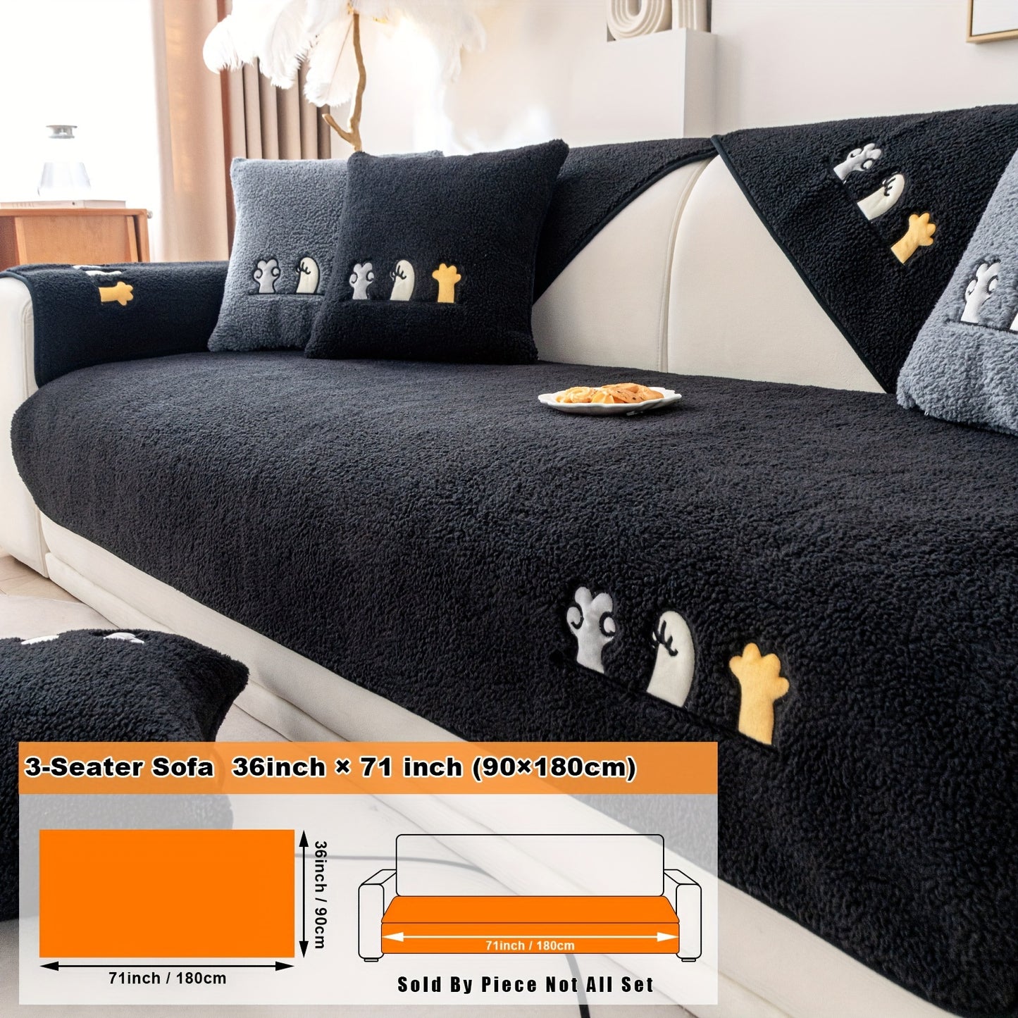 Modern plush sofa cover with paw pattern embroidery, non-slip protection for sofas, machine washable and suitable for various types of furniture.