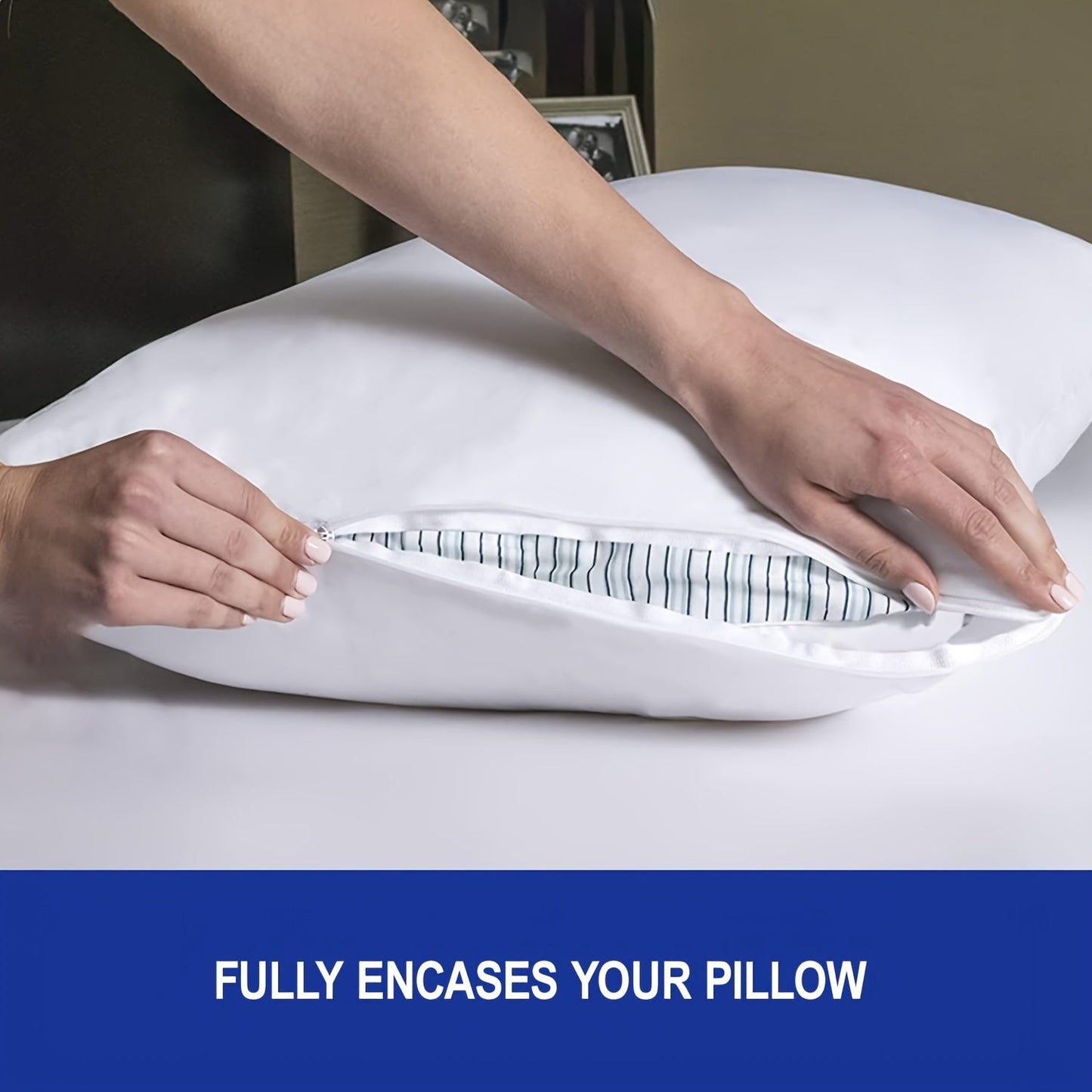 This pillow protector cover is made of 100% polyester knitted fabric that is waterproof and ultra-soft. The thick white pillowcase is breathable and machine washable with a zipper closure. It is water-resistant and features active printing, weighing 110g