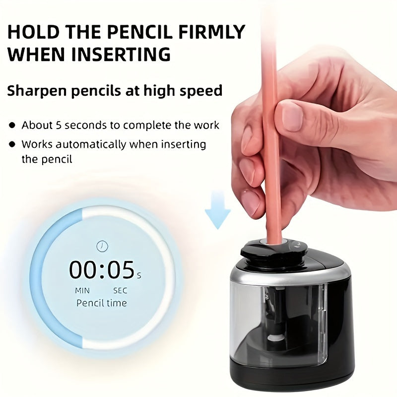 Black electric pencil sharpener with auto-stop feature, durable PP construction, fast and efficient for office use, great for winter and New Year.