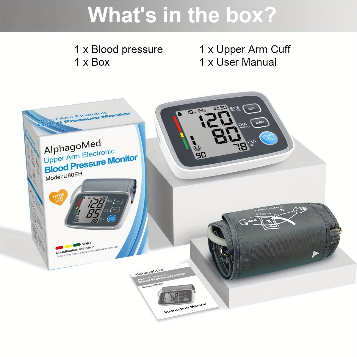 Home blood pressure monitor with automatic upper arm cuff and digital display, includes cuff for arm sizes 22.1-43.18cm.