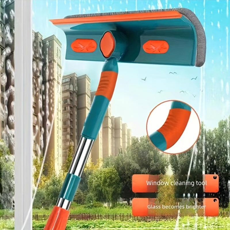 Extendable Handle Multi-Functional Window Cleaner in Green Color, Made of Stainless Steel, ABS, and Fiber Materials. Ideal for Cleaning Glass Tiles and Various Areas in the Home.