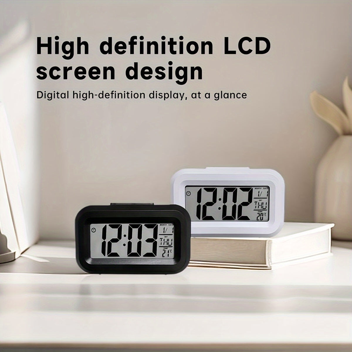 Compact pink mini LED desk clock with backlight, temperature, and calendar. Multifunctional kitchen timer for students. Sleek rectangular design with digital display. Battery-powered (AAA). Minimalist aesthetic.