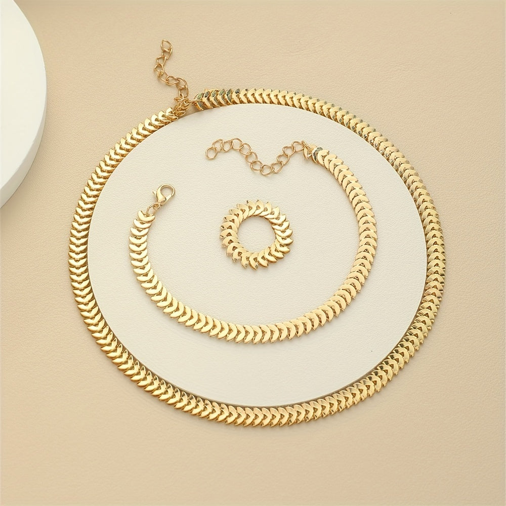 High-quality 3-piece jewelry set with fish scale iron chain necklace, ring, and bracelet. Casual yet elegant gift set.