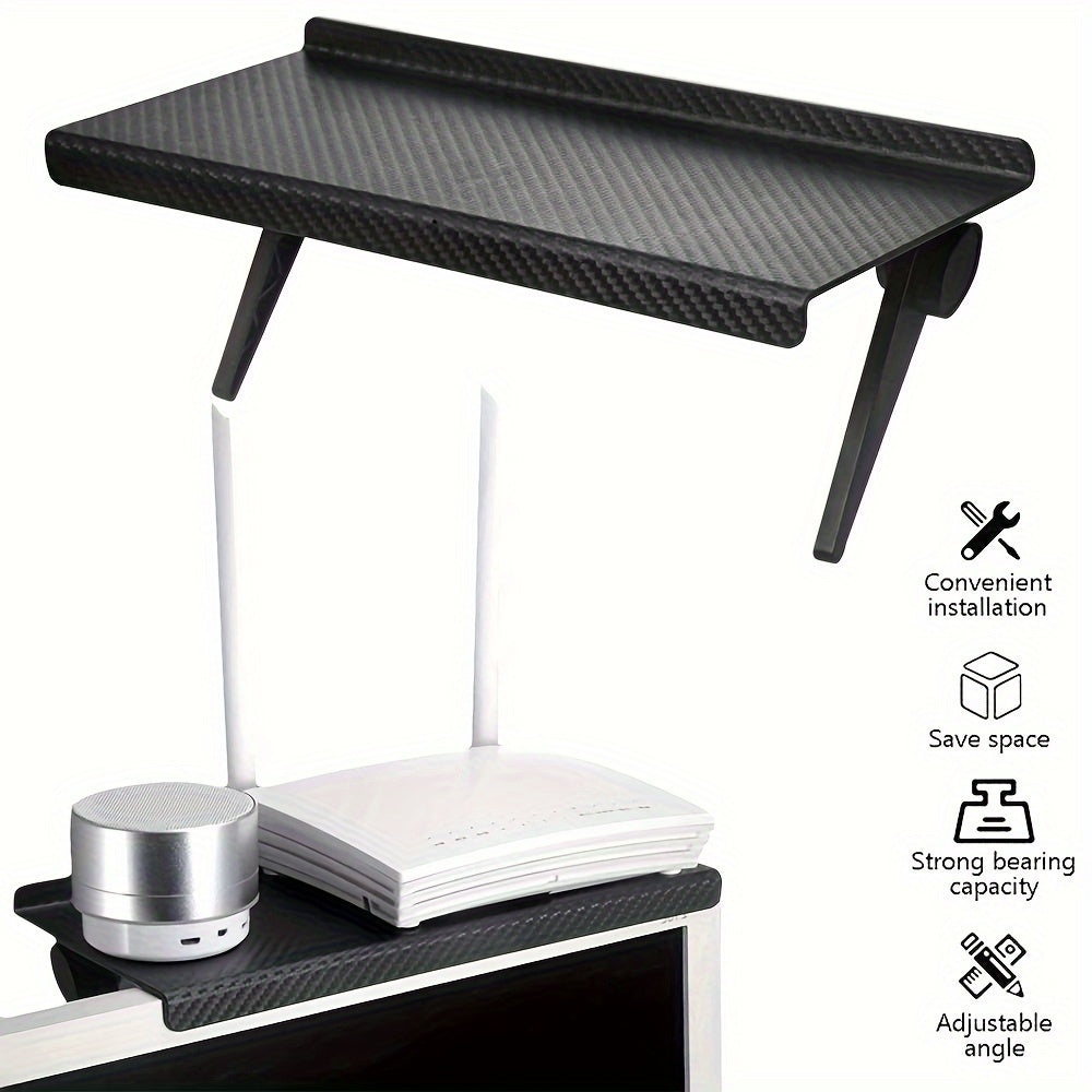 Carbon Fiber TV Stand Shelf for Wireless Router and Cable Box, No-Drill Storage Organizer for Living Room Home Computer Clutter. Made of Durable Plastic, Easy to Install with Adjustable Angle for Space-Saving Solution.