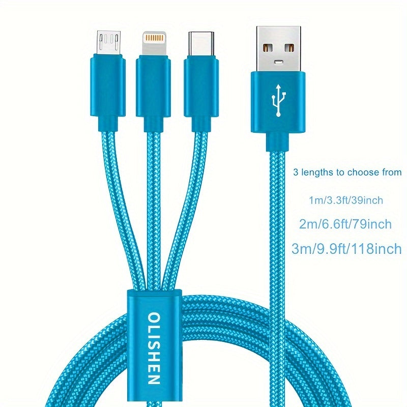 OLISHEN 3-in-1 Nylon Braided USB Charging Cable with multiple lengths (100.58cm/201.17cm/3.02meter) and fast charging capabilities for iPhone, Samsung, Xiaomi, and other devices. Can be