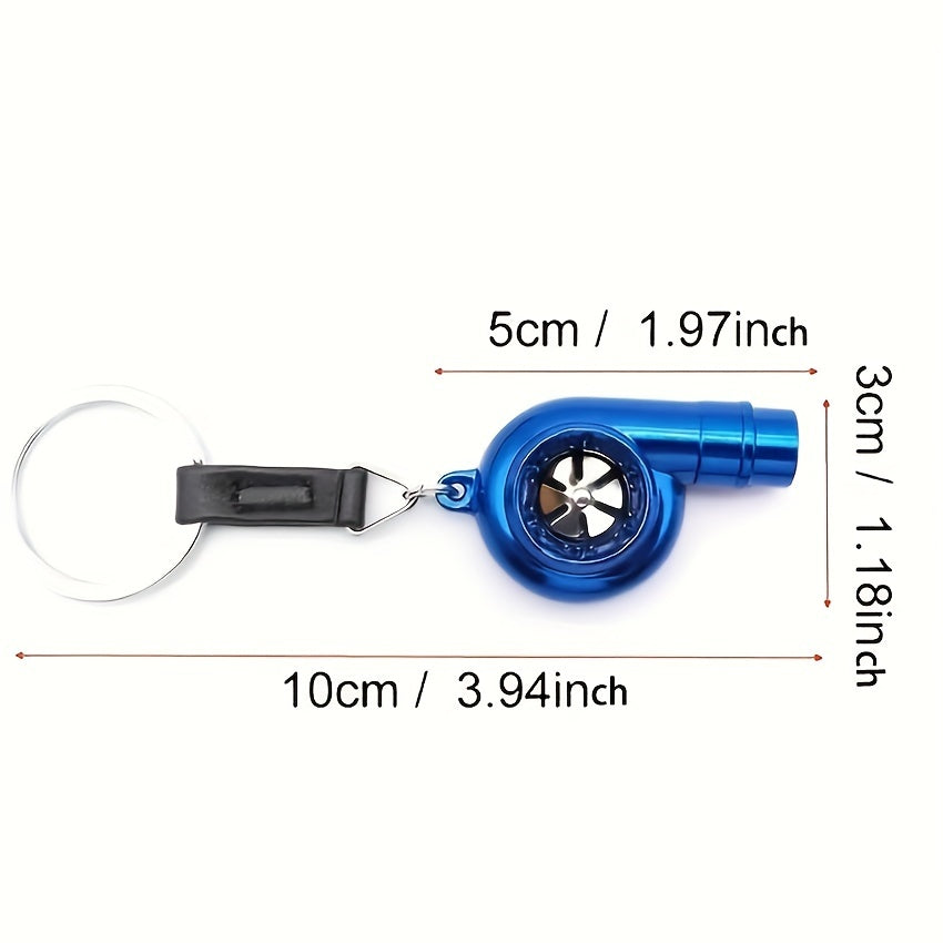 Keychain featuring a rotating turbine design, perfect for car enthusiasts. This creative accessory also doubles as a key holder and includes a turbine whistle feature. Ideal as a unique gift option.