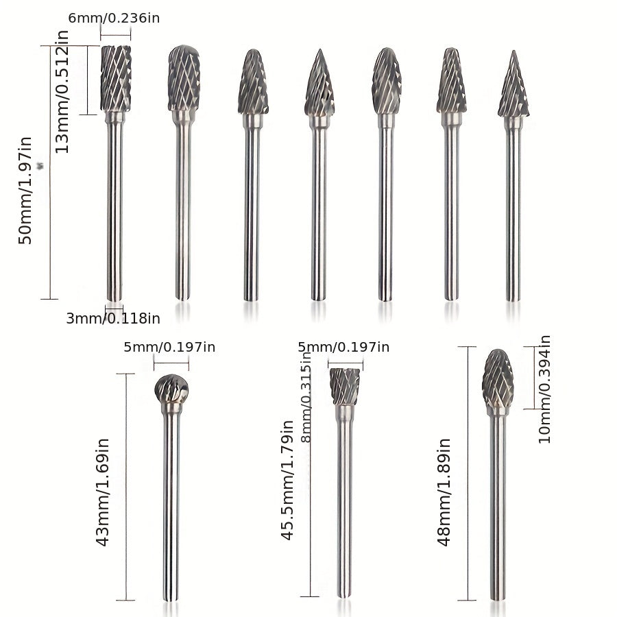 10-piece Tungsten Carbide Burr Set for Dremel Rotary Tools, Double Cut Alloy Steel Grinding Heads for Wood, Metal, Stone, and Gemstone. Handheld and welding use, assembly required. Great