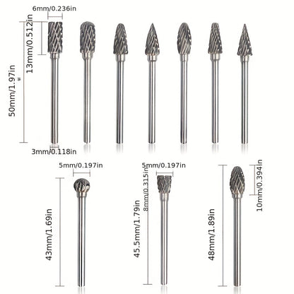 10-piece Tungsten Carbide Burr Set for Dremel Rotary Tools, Double Cut Alloy Steel Grinding Heads for Wood, Metal, Stone, and Gemstone. Handheld and welding use, assembly required. Great