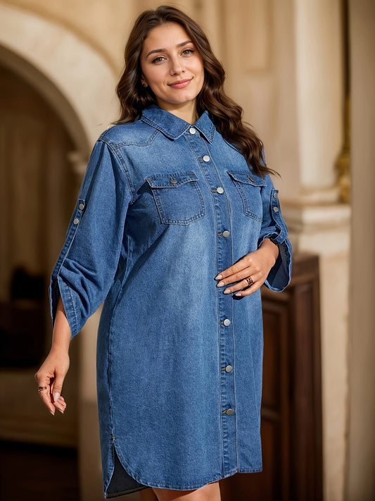 Ruffle hem denim dress with vintage style, long sleeves, and button-up design for women, machine washable.