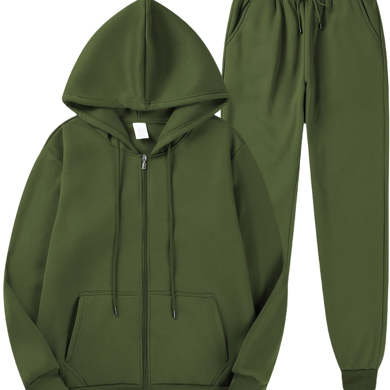 Men's casual fleece hoodie and sweatpants set made of 100% polyester. Includes a long sleeve zip-up hooded sweatshirt with kangaroo pocket, regular fit, knit fabric, solid color. Ideal for