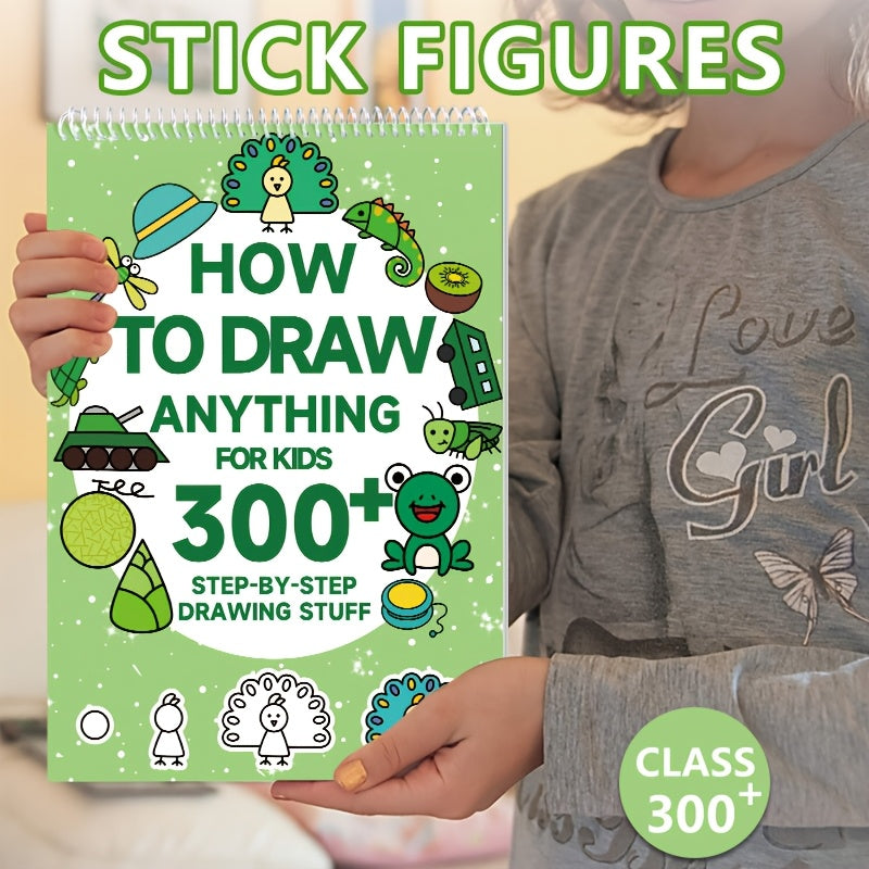 1pc Green Stick Figure Drawing Book for Youngsters - 300+ Step-by-Step Art & Education Toy featuring Cartoon Dinosaur & Frog Designs, Ideal for Creative Writing & Coloring, Spiralbound Book