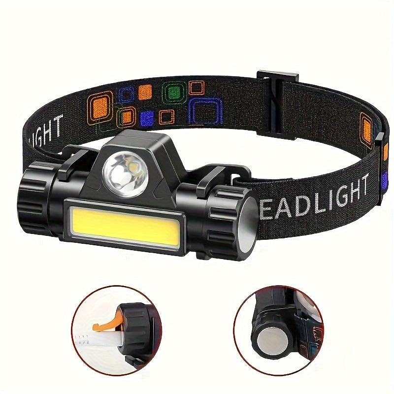 Dual light source headlamp with USB fast charging, magnetic absorption, and compact design, ideal for home, outdoor, and emergency situations.