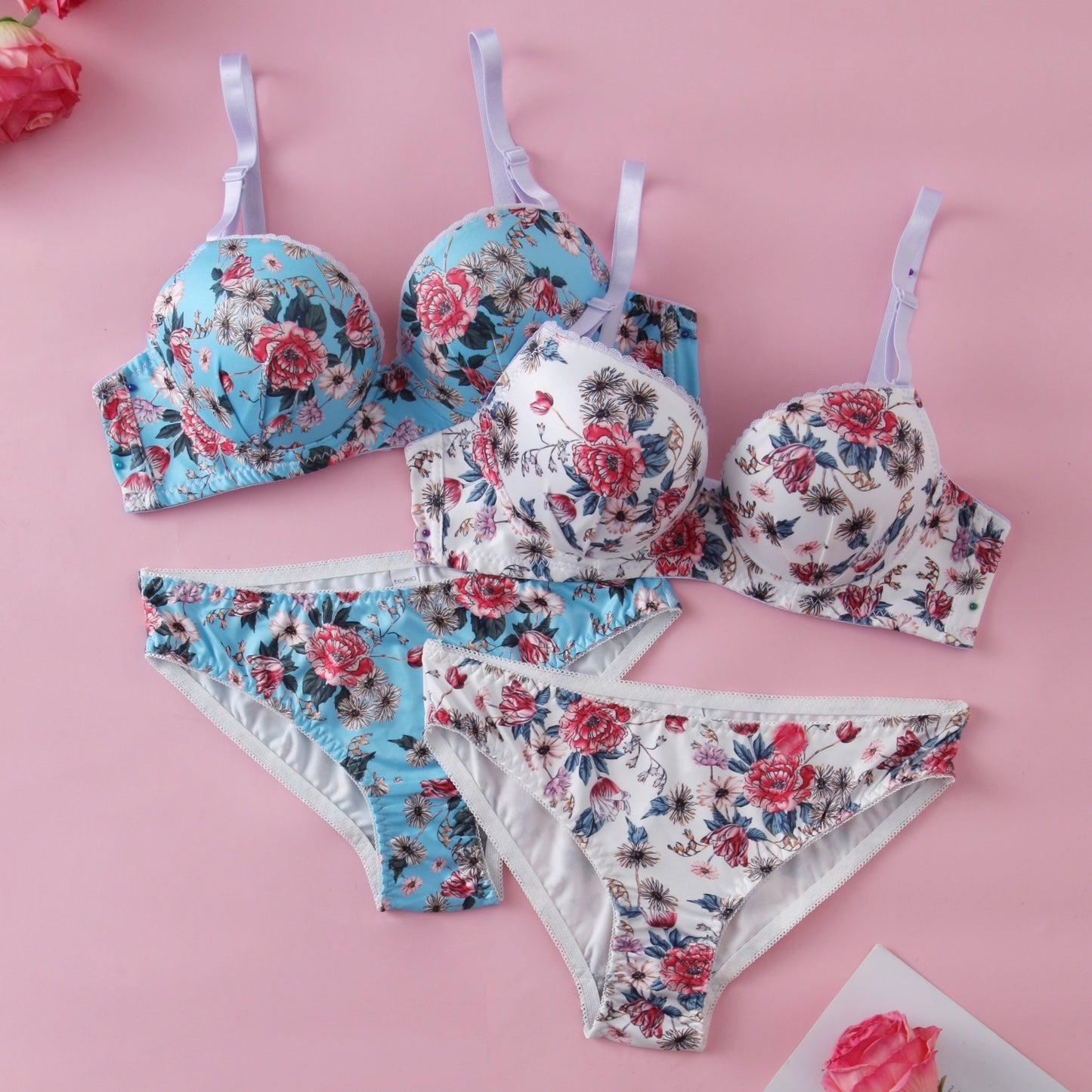 Fashion Floral Print Bra Set with Steel Ring Detail