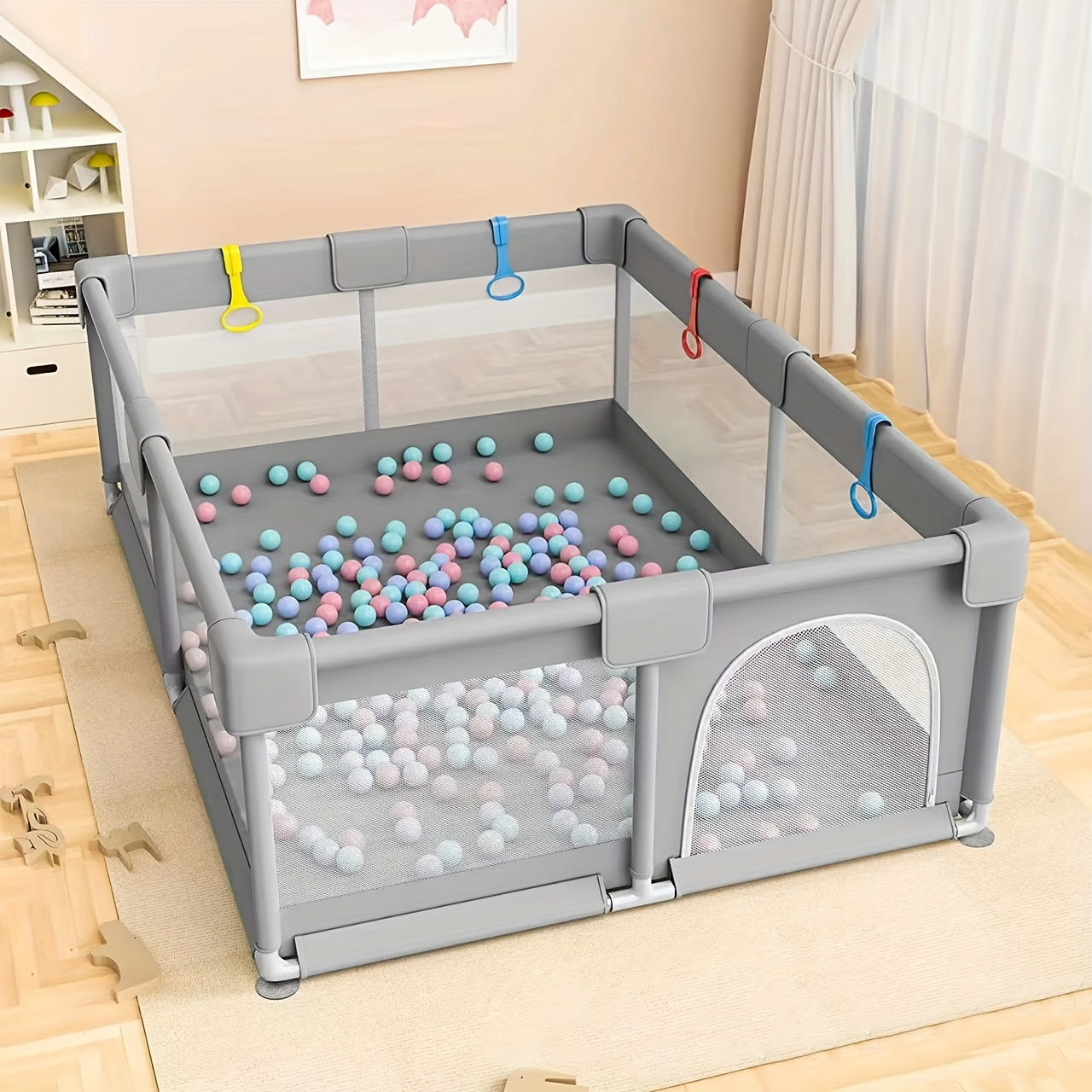 Child's Playpen 150 * 180cm, Playpen for Kids, Includes 50 Play Balls and 4 Kid's Rings, Playpen with Safety Net and Zipper, Perfect for Indoor or Outdoor Use