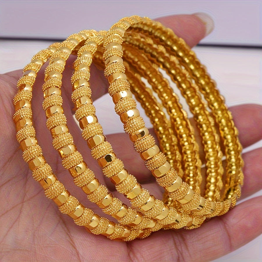 Set of 4 Vintage Luxury Gold-Plated Copper Bangle Bracelets for Women - Ideal for Everyday Wear and Special Occasions