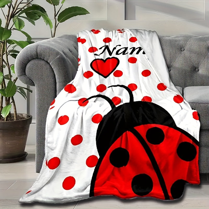 Customize your own Ladybug Print Flannel Throw Blanket with a personalized name! This cozy fleece throw is perfect for use on your sofa, bed, office, or even outdoors while camping. The all seasons cartoon style multipurpose blanket is machine washable