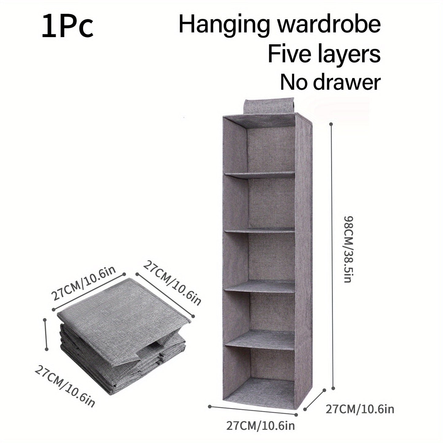 This durable gray storage solution is a 4-tier foldable hanging clothes organizer with sturdy handles. It is ideal for wardrobes and bedrooms, perfect for storing clothing, blankets, and quilts. The space-saving design makes it a convenient addition to