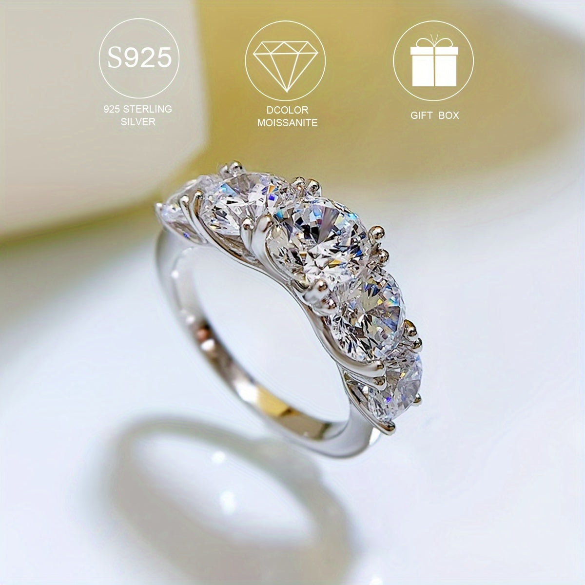 Around 4.6g of S925 pure silver, low allergy, 5ct moissanite ring, perfect for ladies' engagement, proposal, wedding, Mother's Day gift, with a bohemian style, elegant temperament, and versatile design. Ideal for fashion-forward individuals seeking a