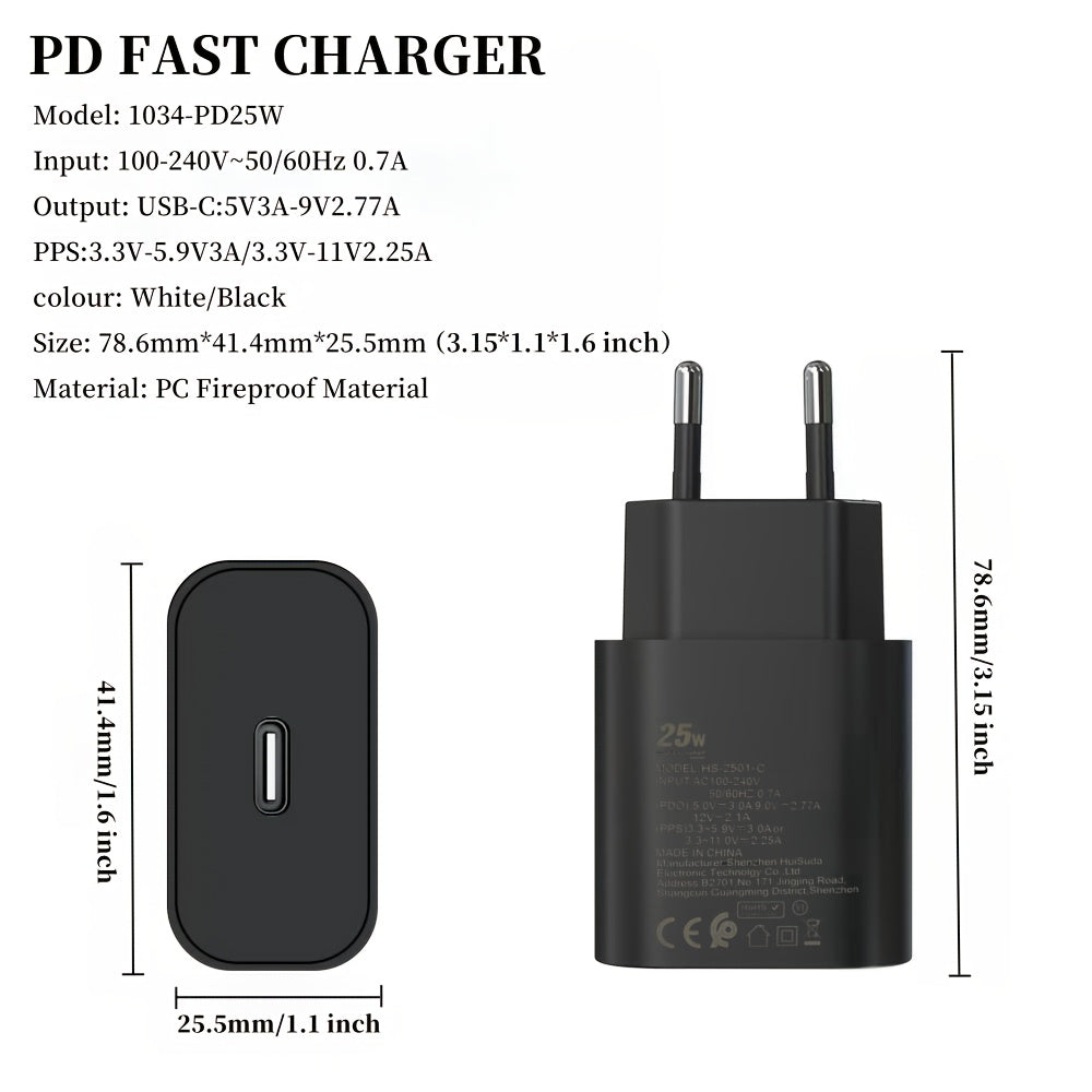 USB-C Fast Charger for Samsung Galaxy phones (S21, S22, S23, S24, Ultra, A54, A53, A34) with European standard plug. Includes universal power adapter, female to female connector, and Type C