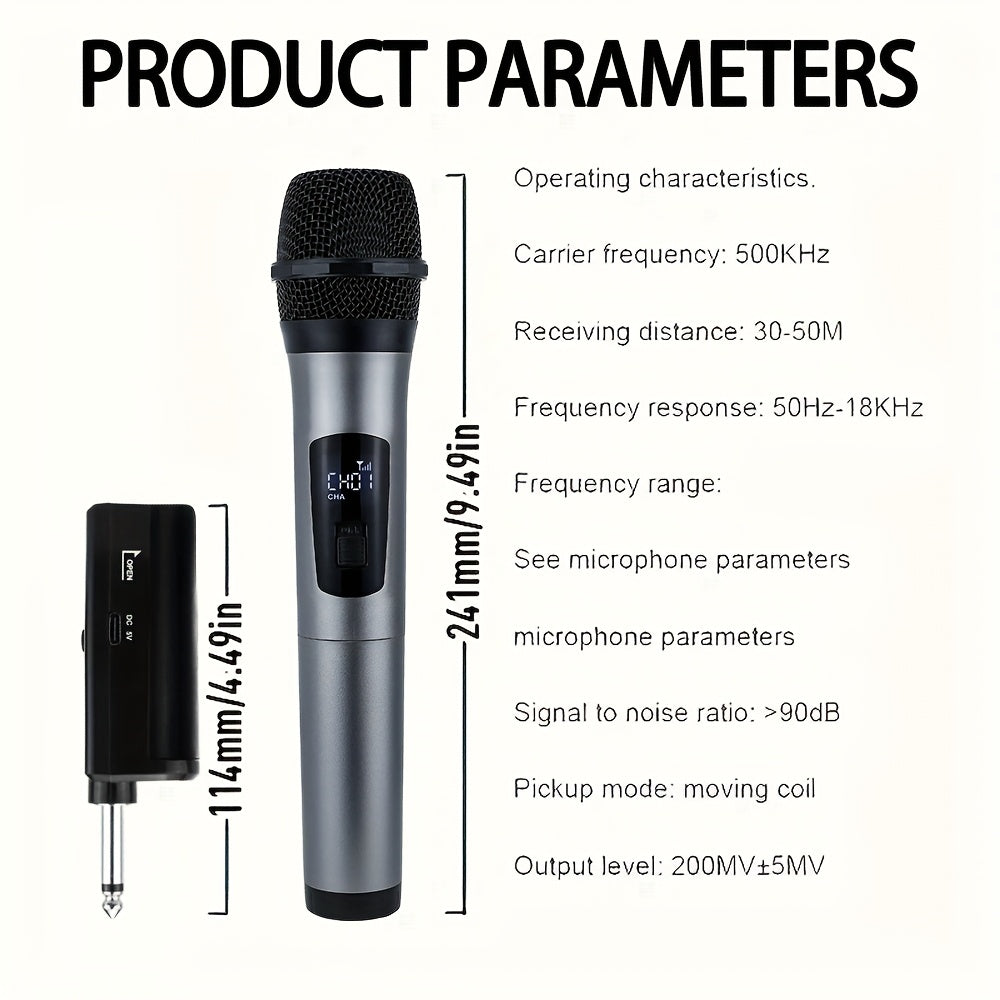 Heikuding Wireless Karaoke Microphone with USB rechargeable lithium battery, 6.35mm jack, one-way polar pattern, small diaphragm, clip and stand features for versatile use.