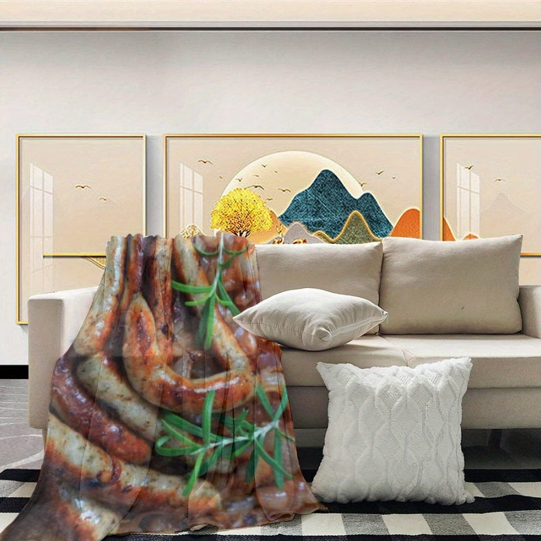 Ultra-soft flannel fleece throw blanket featuring a realistic 3D print of sausage and rosemary design. This cozy and plush blanket is perfect for adding a touch of comfort and style to your living room decor. Ideal for gifting on birthdays and Christmas