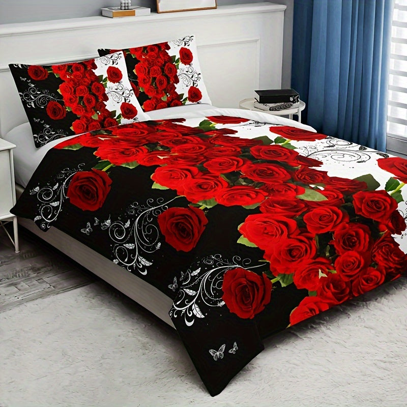 Transform your bedroom with this romantic red rose print bedding set, including 3 pieces - 1 duvet cover and 2 pillowcases. Made of soft and comfortable material, perfect for your bedroom or guest room. Core not included.