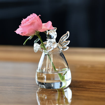 Stylish glass vase shaped like an angel, versatile for fresh or dried flowers, ideal for living room or dining table decor, no batteries needed.