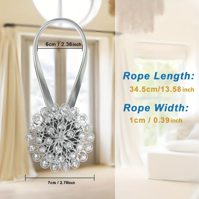 Decorate your home or office with a magnetic strip for curtains featuring a dazzling crystal flower tieback that includes a high elastic spring wire.