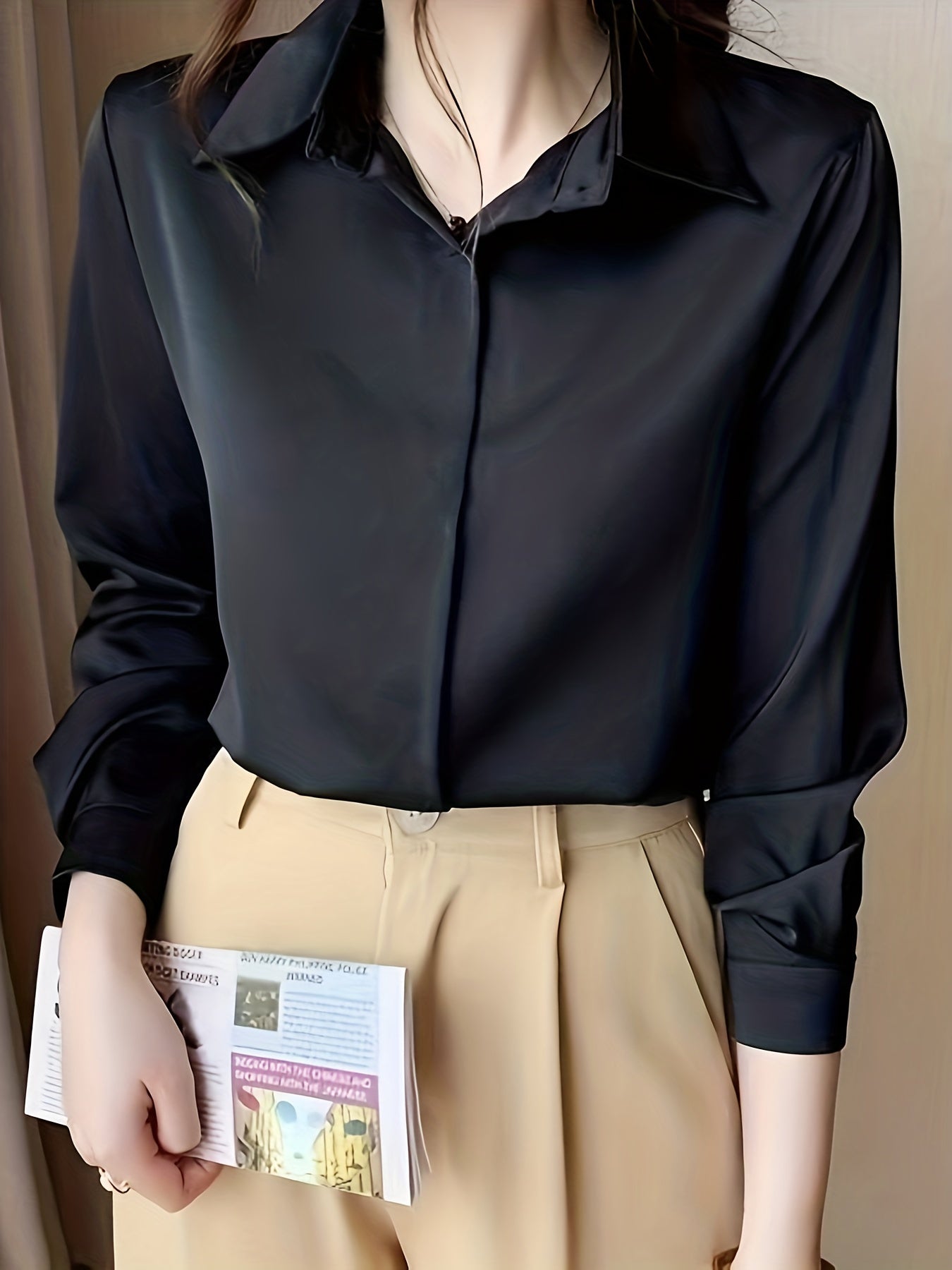 Women's 100% polyester long sleeve blouse in solid color, lapel collar, non-stretch woven fabric with placket. Sexy and professional style, anti-wrinkle, suitable for spring/summer/fall.