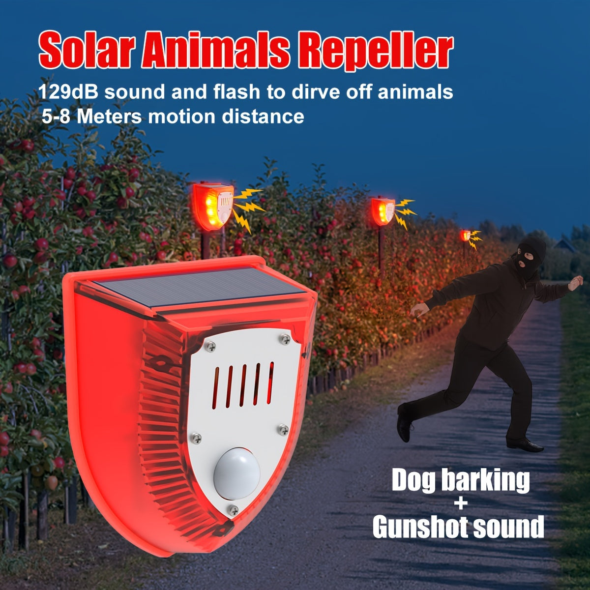 Solar-powered security alarm with motion sensor, 129dB siren, dog barking sounds, 6 red LED lights, rechargeable 400mAh battery, infrared detection for home, yard, farm, barn.