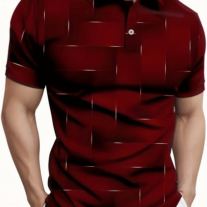 Men's stylish black and golden geometric print short sleeve shirt with button-up collar, digital printing, and made of a polyester blend for all-season wear. Ideal for casual golf