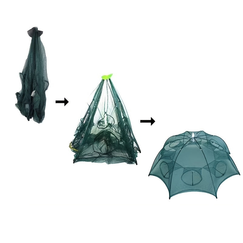 Foldable hexagonal fishing net with 1pc and 4/6/8/10 holes for catching minnow, crayfish, and crabs effortlessly.