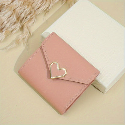 Women's mini wallet with heart-shaped design, card slots, coin pouch, faux leather