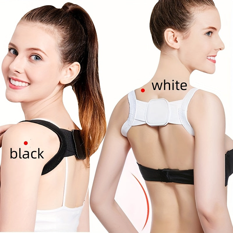 Adjustable posture corrector for adults - supports chest expansion and helps prevent hunchback. Breathable fabric in white or black.