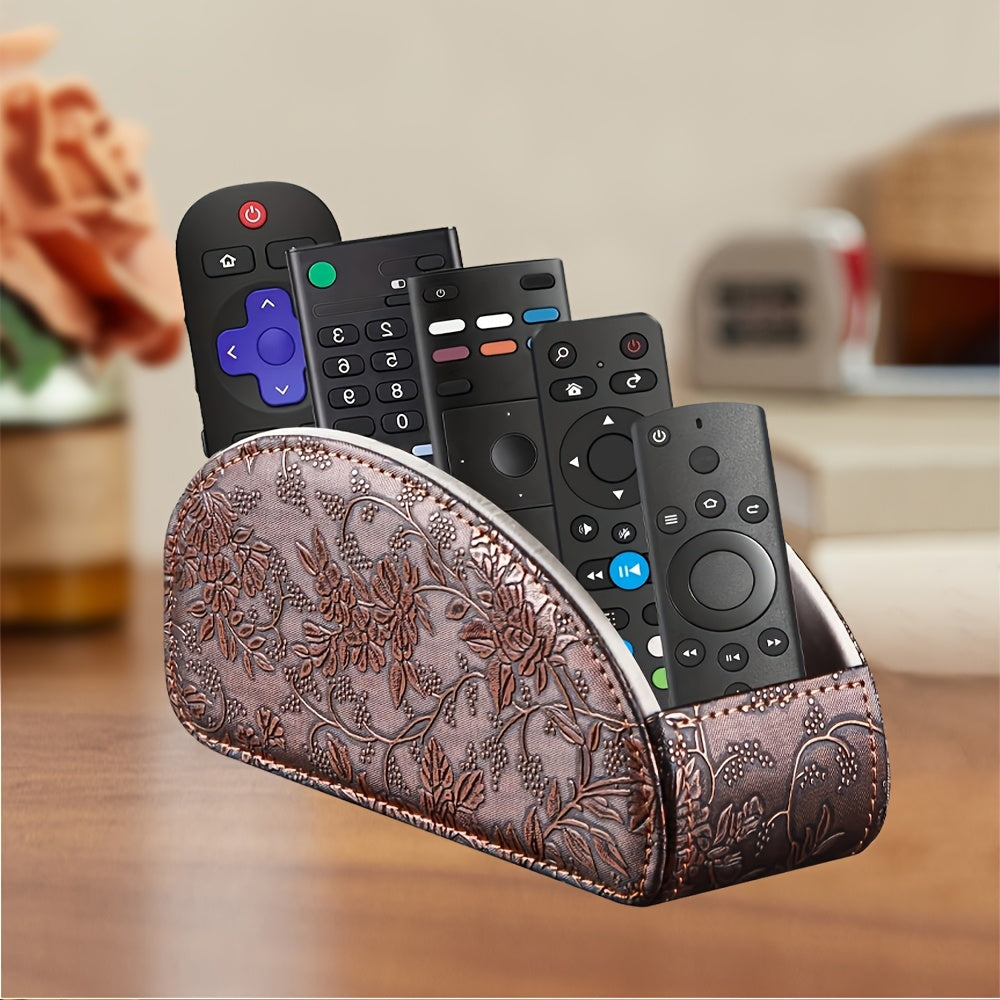 TV remote holder with 5 compartments, PU leather storage box, room decor organizer for home, kitchen, bathroom, and bedroom.