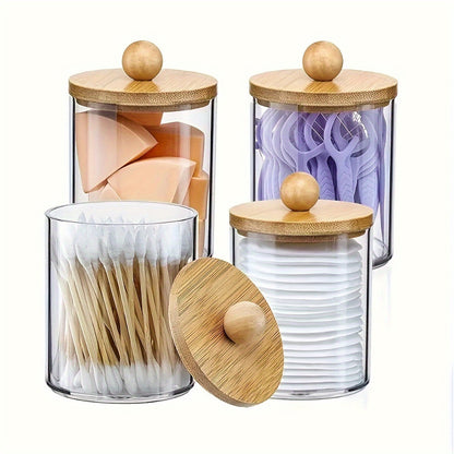 Stylish acrylic jar with wood lid for organizing swabs, makeup pads, and small items at home.