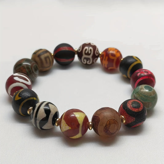 Unisex Stretch Gemstone Bracelet with Tibetan Dzi Beads in Traditional Tribal Chinese Style, Designed for Good Fortune and Peace. A Versatile and Stylish Daily Accessory, Perfect for Men and Women, Makes a Great Gift for Any Occasion.