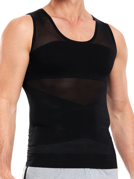 Slimming compression shirt for men with invisible tummy control. Made with a breathable mesh and ribbed nylon-spandex blend. Sleeveless design and crew neck for all-day wear. Slimming