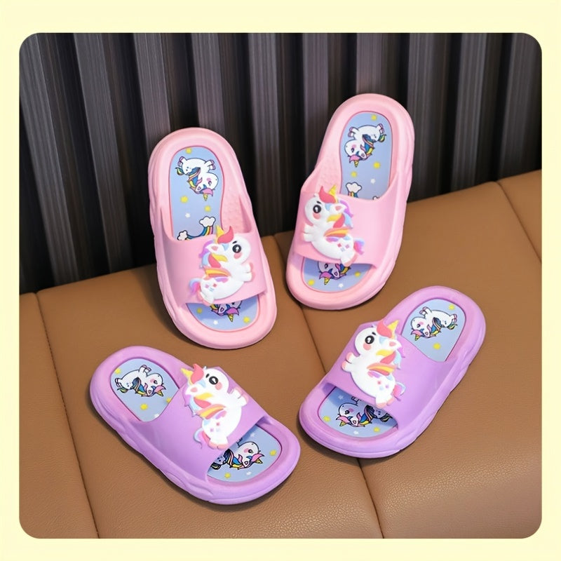 Girls' non-slip unicorn slippers for indoor use year-round.