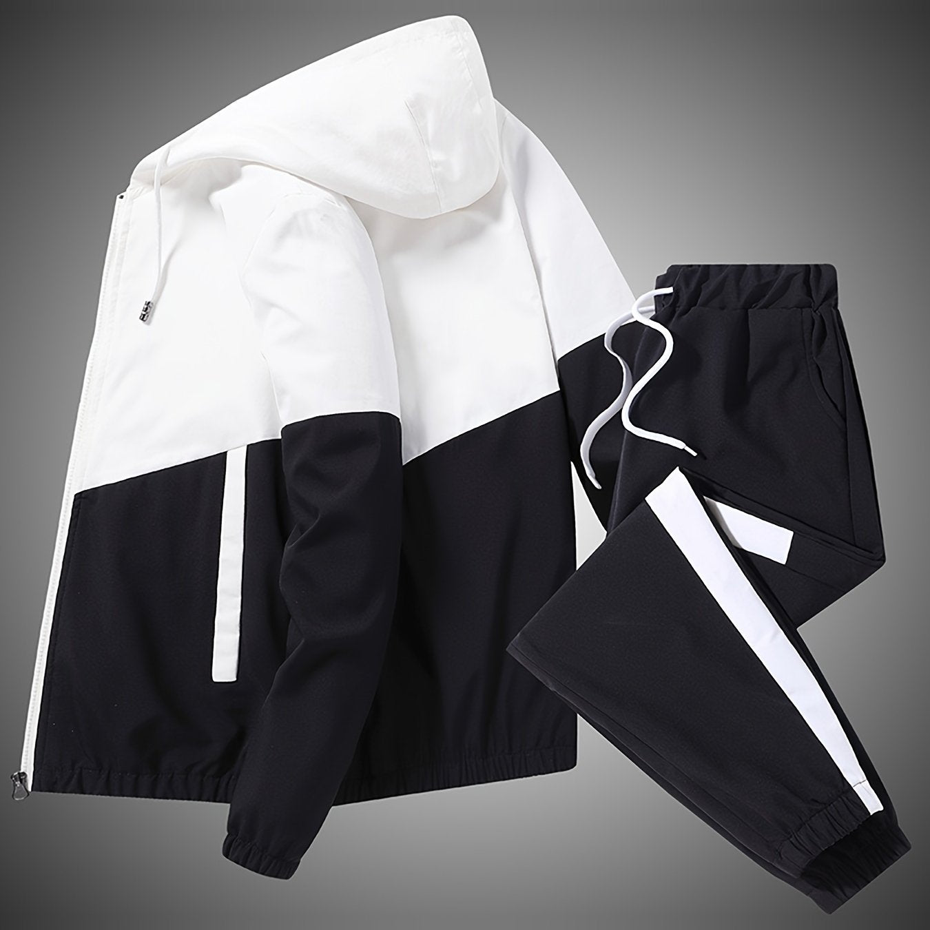 Stylish men's sportswear set with hooded jacket and long pants.